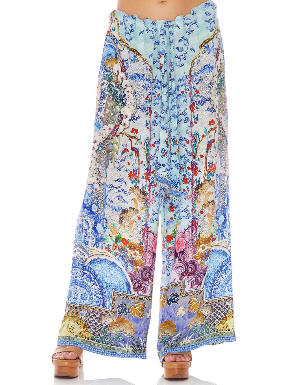 Camilla Multicolor Floral & Paisley Wide Pant with Blue Accents 100 % Silk...NWT